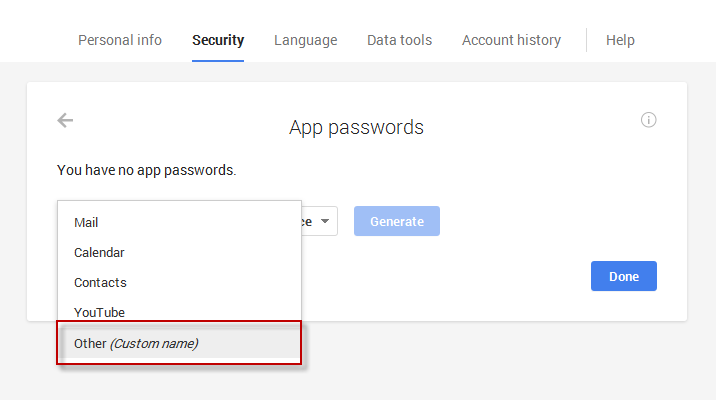Create a password for a custom app
