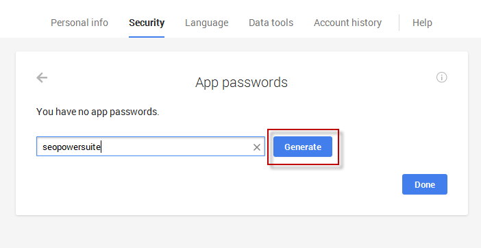 Generate a password for SEO PowerSuite