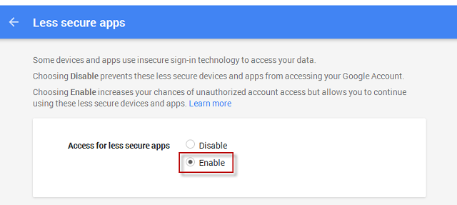 Enable accesss for less secure apps