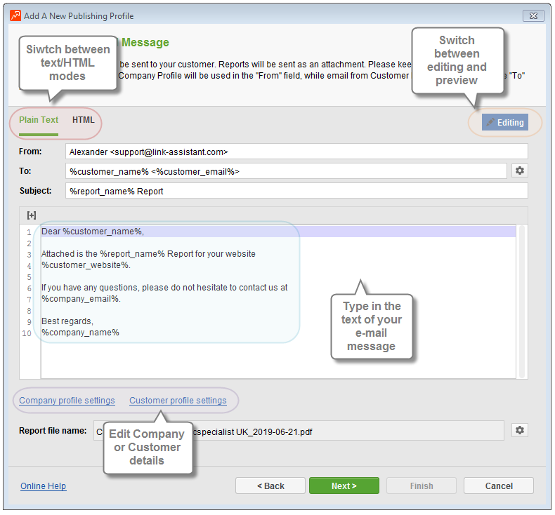 how to edit e mail templates in publishing profiles seo name address phone number email template