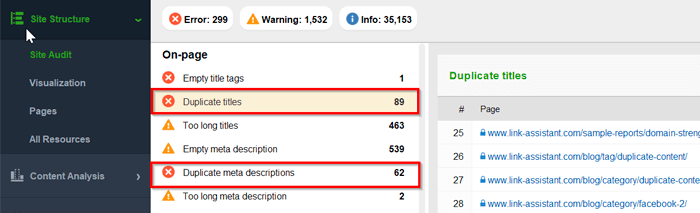 Duplicates in titles and meta descriptions