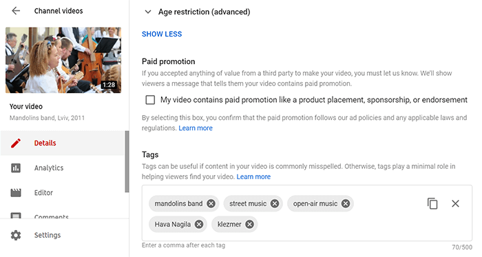 Edit the video metadata in the Details section of Your video information
