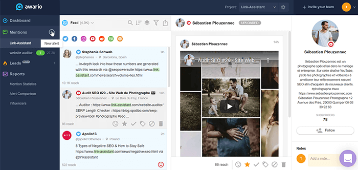 Awario social listening tool shows mentions of your YouTube video