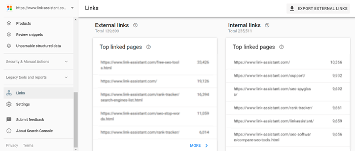 Find internal links in Google Search Console