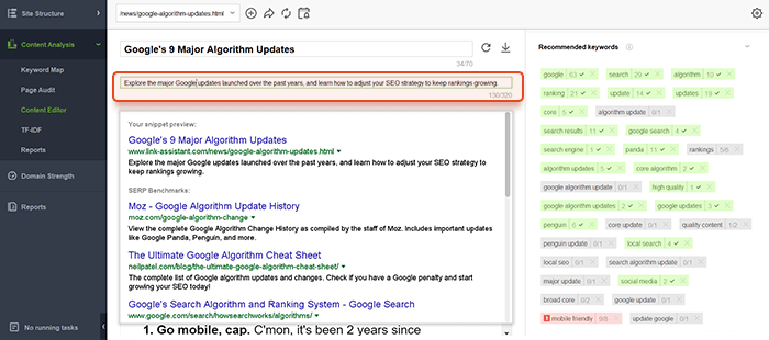 Edit the meta description and see the snippet preview